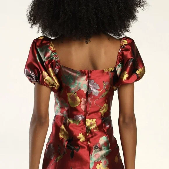 NWT Lulus So Stunning Red Multi Floral Jacquard Puff Sleeve Mini Dress - Picture 4 of 9